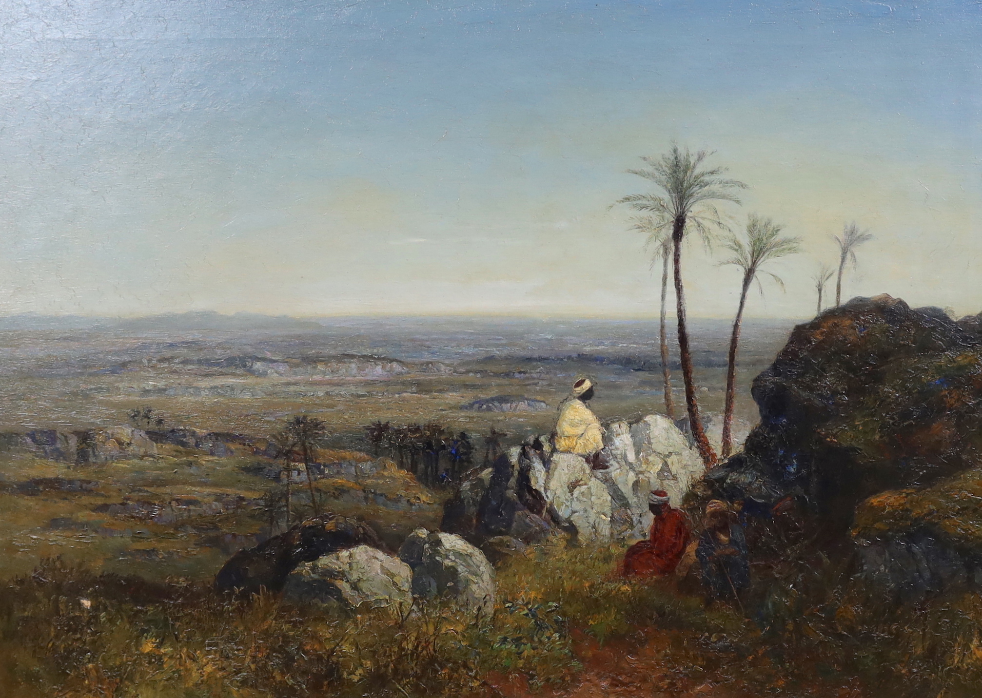 After Benjamin Constant (Swiss, 1845-1902), 'On the lookout, distant view of the Sahara', oil on canvas, 71 x 101cm